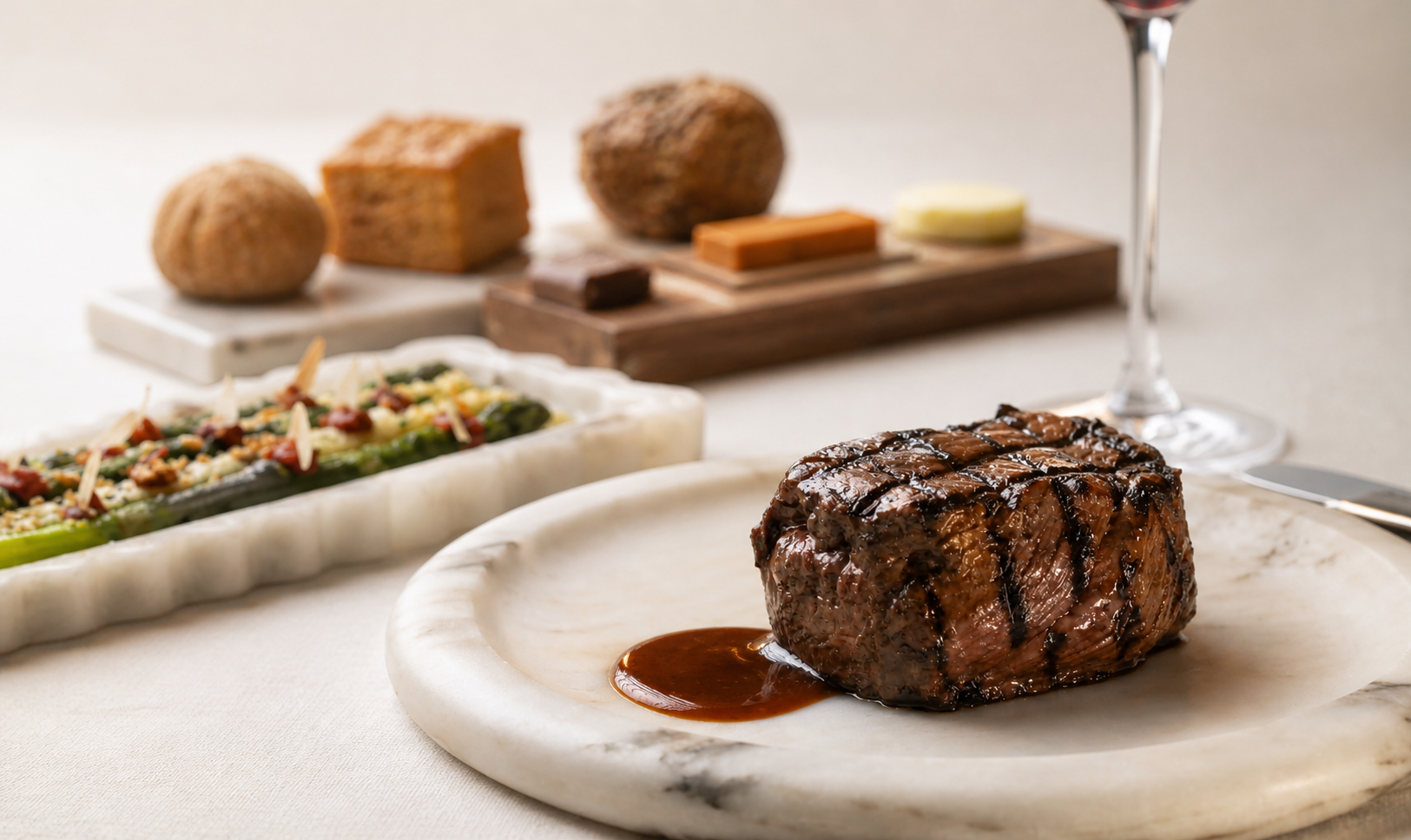 THE EMBER · Filet on marble plate with grilled asparagus and bread board