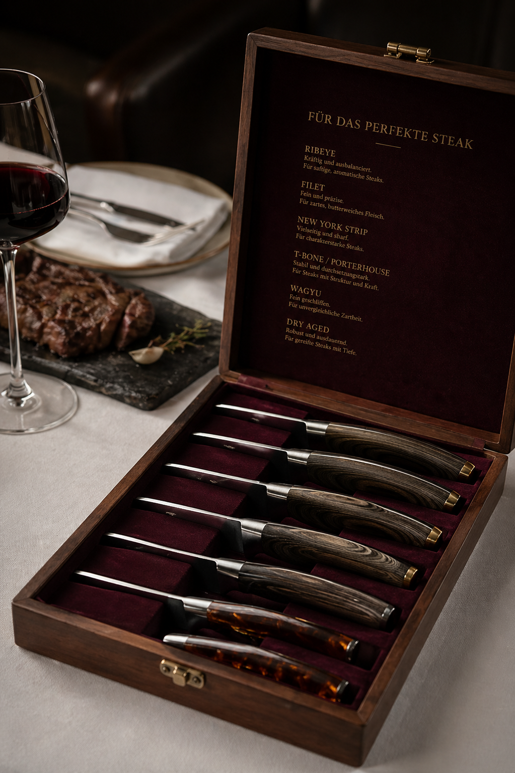 EMBER's table — Damascus steak knives presented in a velvet-lined wooden case beside a glass of red wine and a charcoal-grilled cut